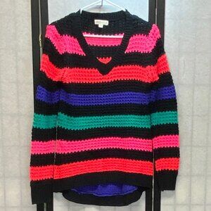 Poof Excellence Open Knit Stripe V Neck Hi Low Sweater Tunic Black Brights M